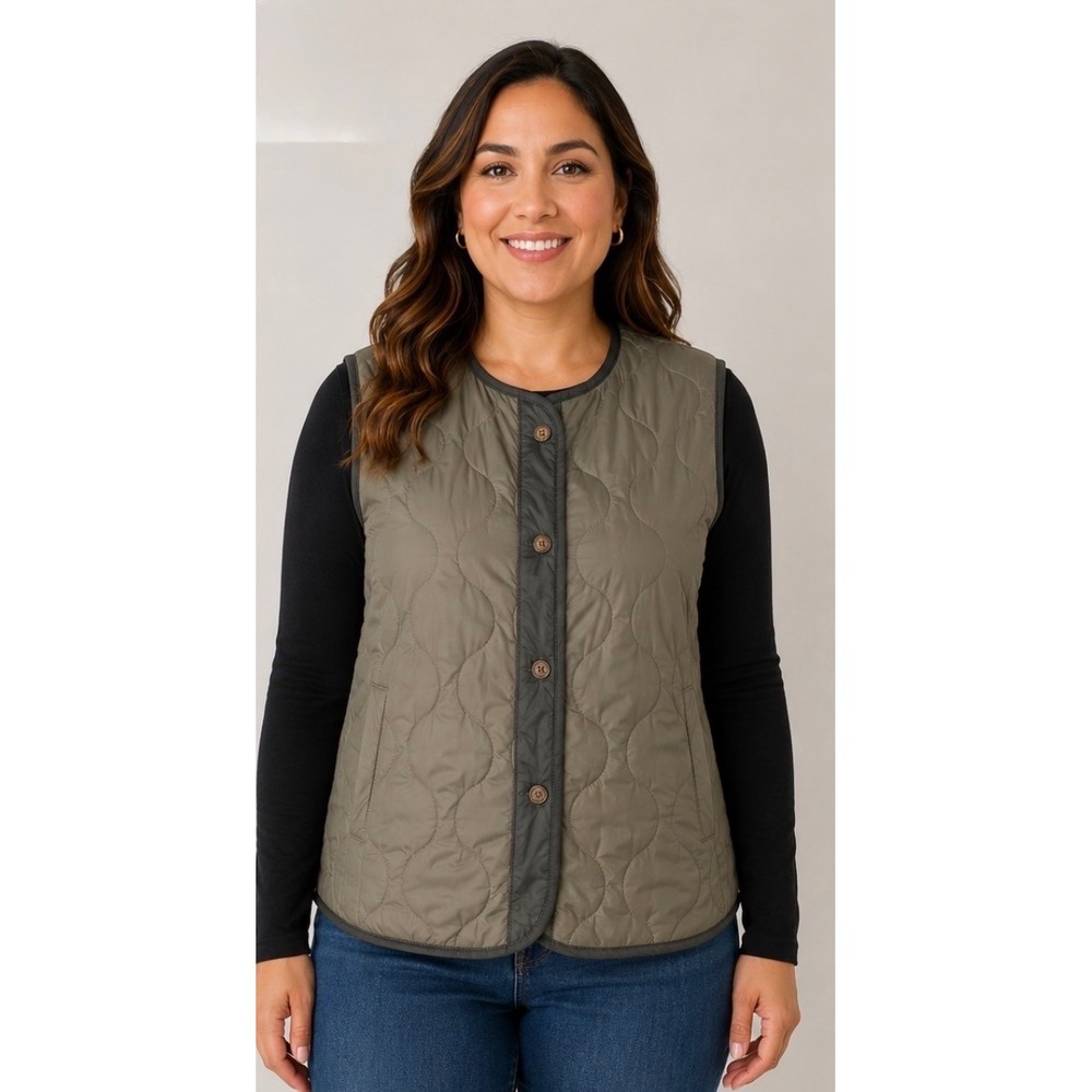 ASOS DESIGN Womens Quilted Vest Olive Green Onion Stitch Button Front Pockets XL